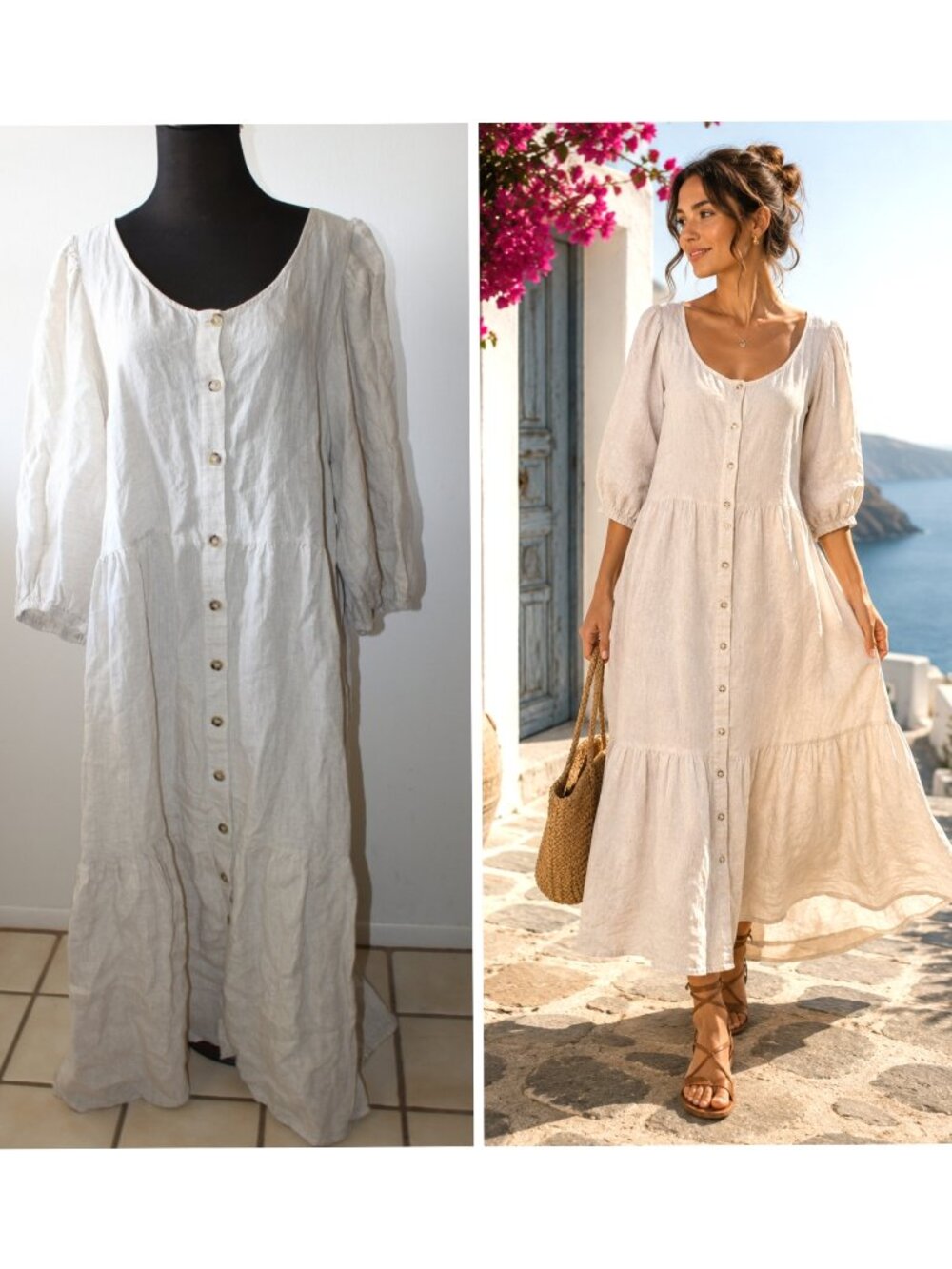 NWT Meadows 100% linen Sage Tiered Maxi Dress Size 14 Pockets Buttons front